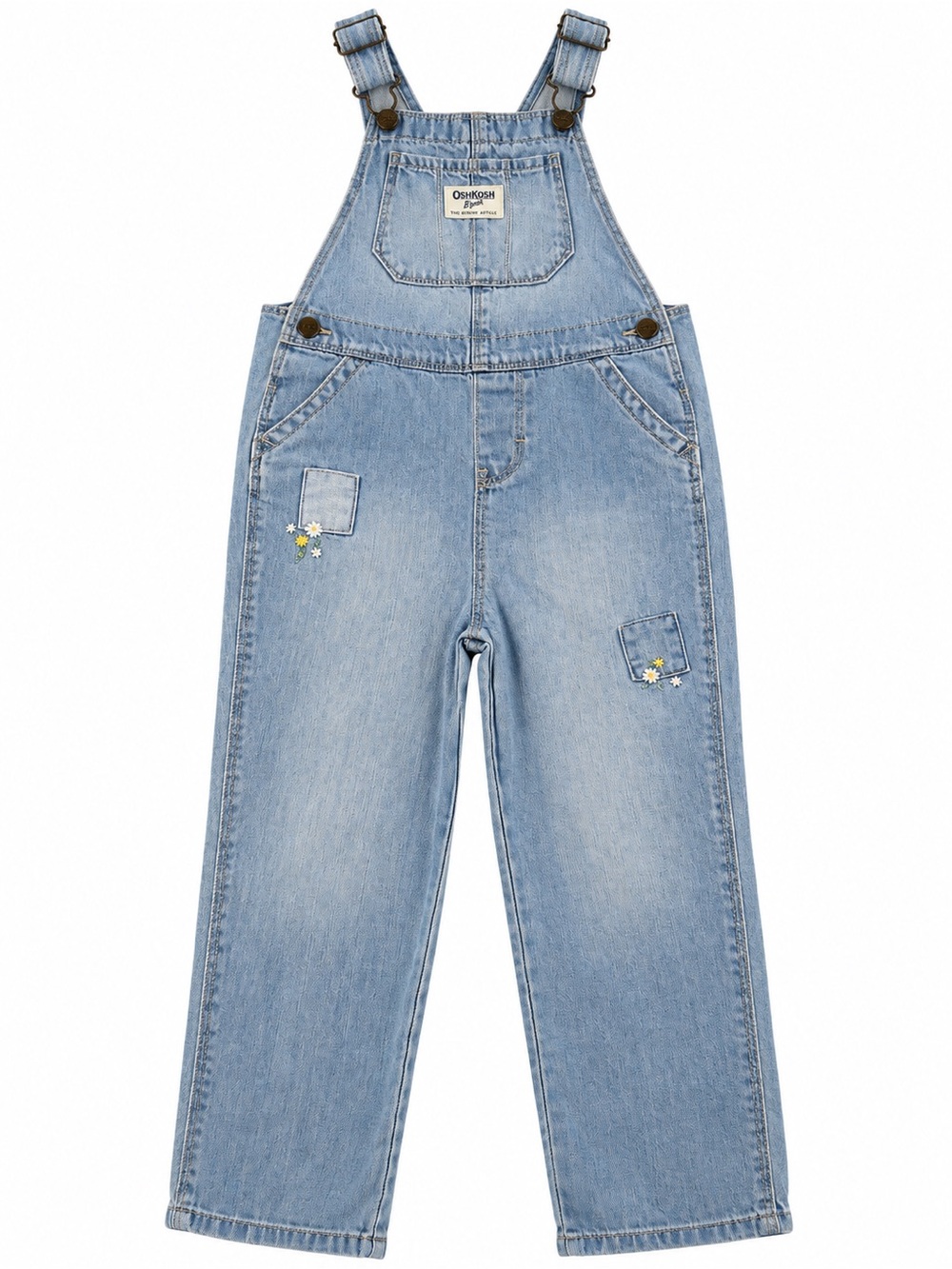 OshKosh B’gosh Girls 5T Light Wash Denim Overalls Floral Embroidered Daisies